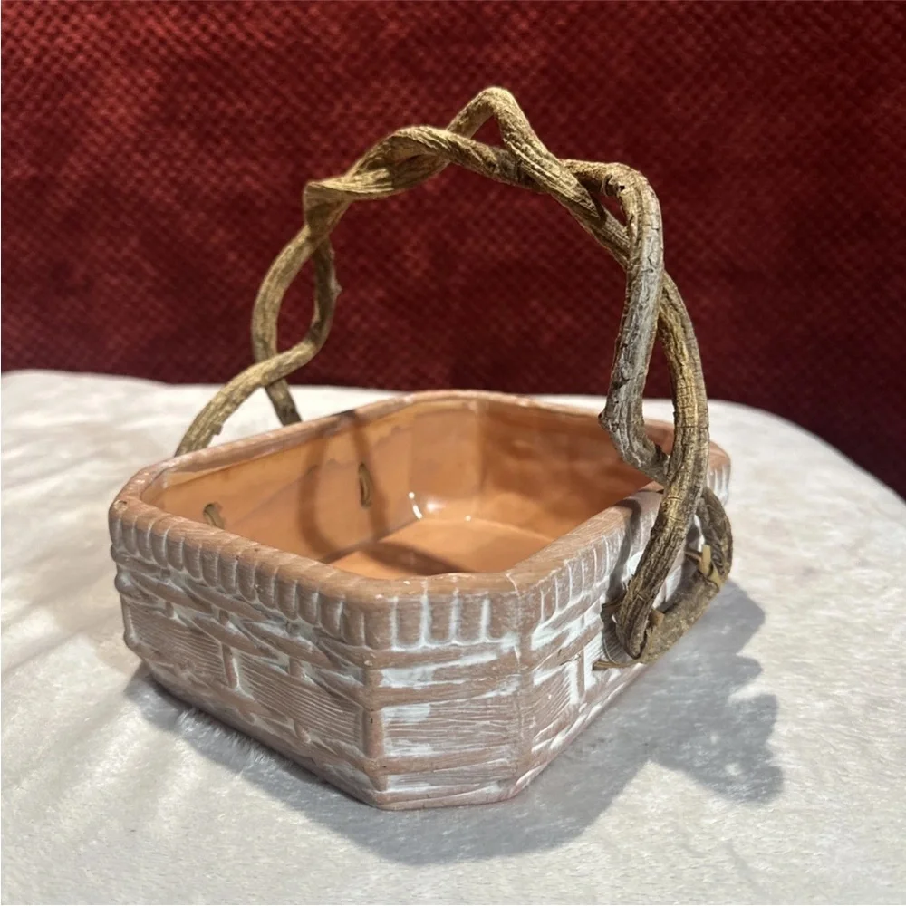 White Wash Basket Ceramic Rustic Terracotta With Real Vine Handles. 8x7x6